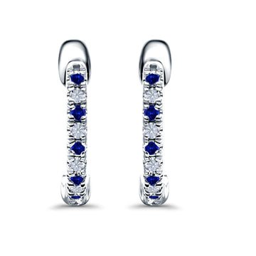 Half Eternity Hoop Earrings Round Simulated Blue Sapphire CZ 925 Sterling Silver (14mm)
